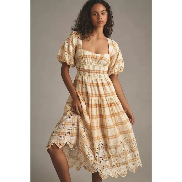NWT Anthropologie Puff-Sleeve Eyelet Midi Dress Size SP Petites Yellow #9H414 - Picture 4 of 13